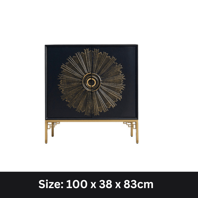 Front view of the Majestic Black Buffet Cabinet showcasing its sleek design and gold metal base.