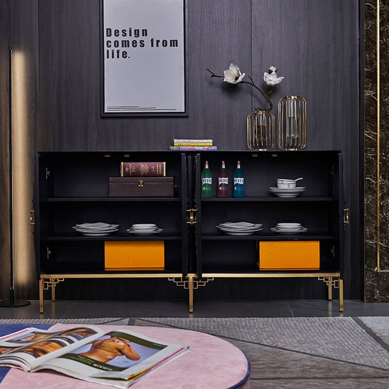 Front view of the Majestic Black Buffet Cabinet showcasing its sleek design and gold metal base.