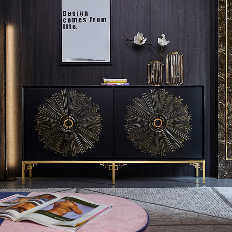 Front view of the Majestic Black Buffet Cabinet showcasing its sleek design and gold metal base.