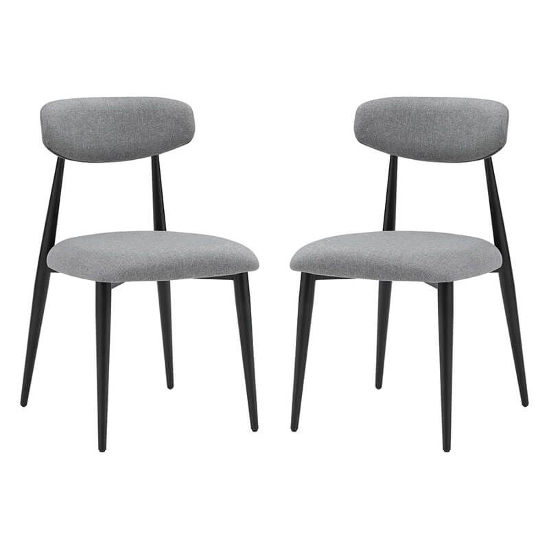 Set of two modern grey dining chairs arranged around a stylish dining table, enhancing the décor.