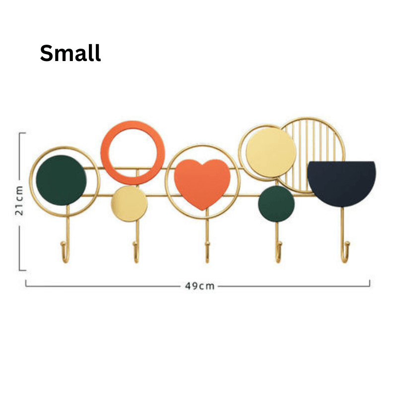 Artistic modern metal wall coat rack showcasing colorful hooks in a stylish entryway.