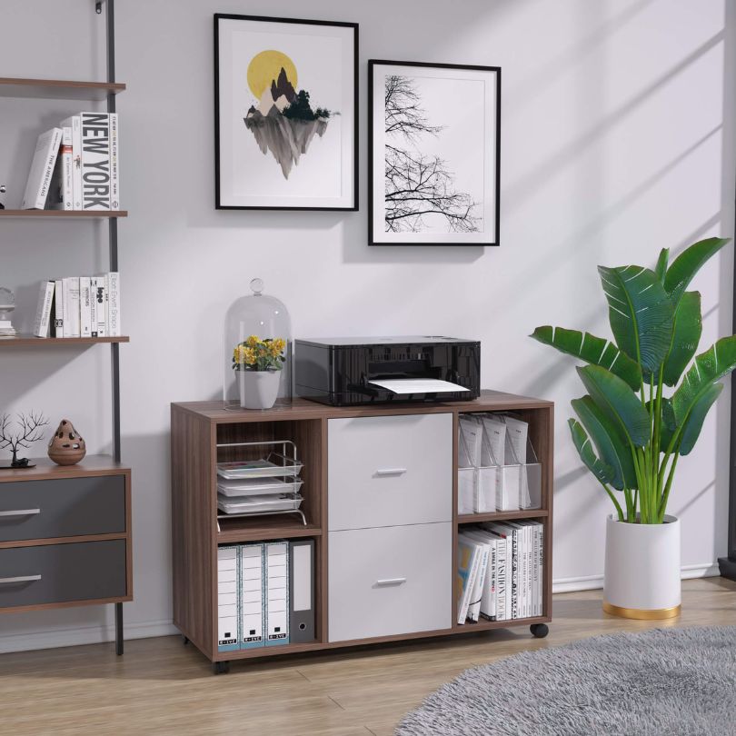 Modern mobile lateral file cabinet with wheels, showcasing its sleek design and dual drawers.