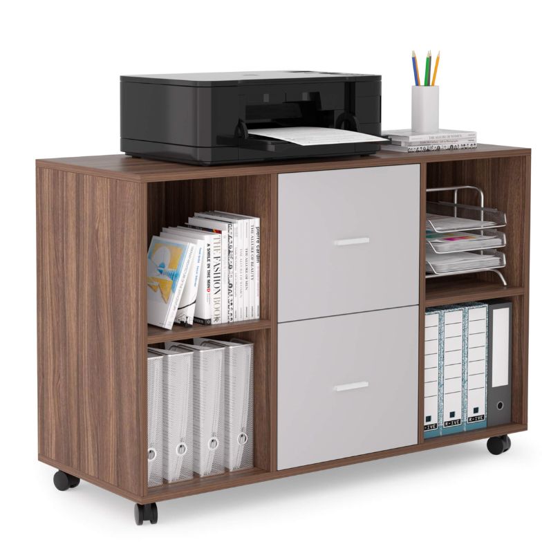 Modern mobile lateral file cabinet with wheels, showcasing its sleek design and dual drawers.
