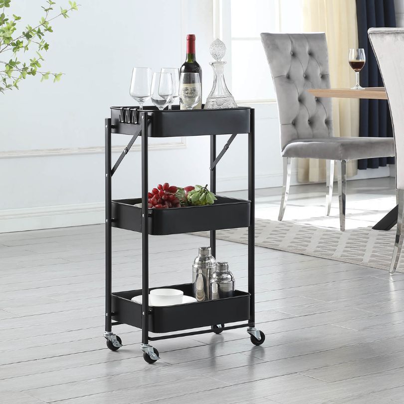 Detailed view of the black kitchen trolley highlighting its durable carbon steel construction.
