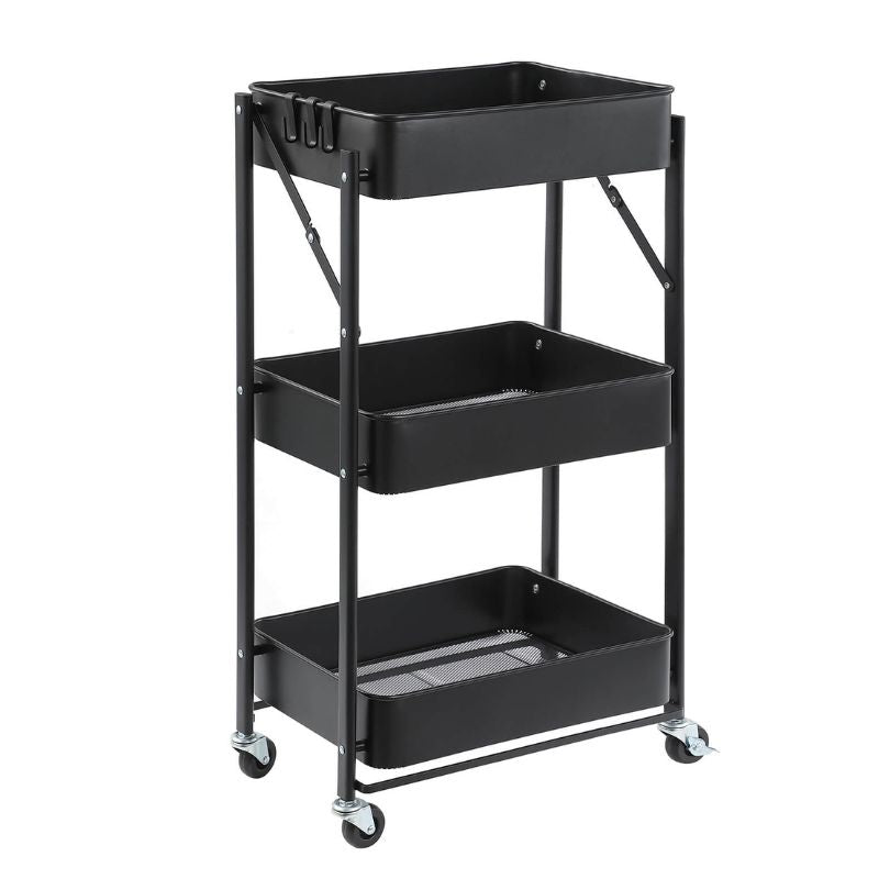 Sleek black rolling kitchen storage cart showcasing its mesh tray and sturdy wheels.