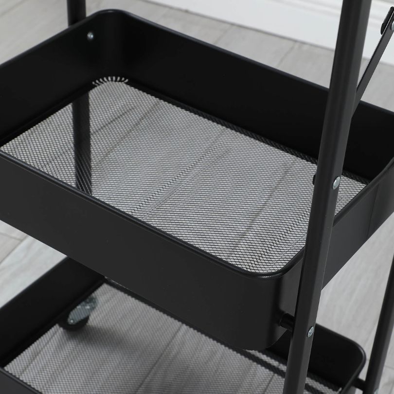 Detailed view of the black kitchen trolley highlighting its durable carbon steel construction.