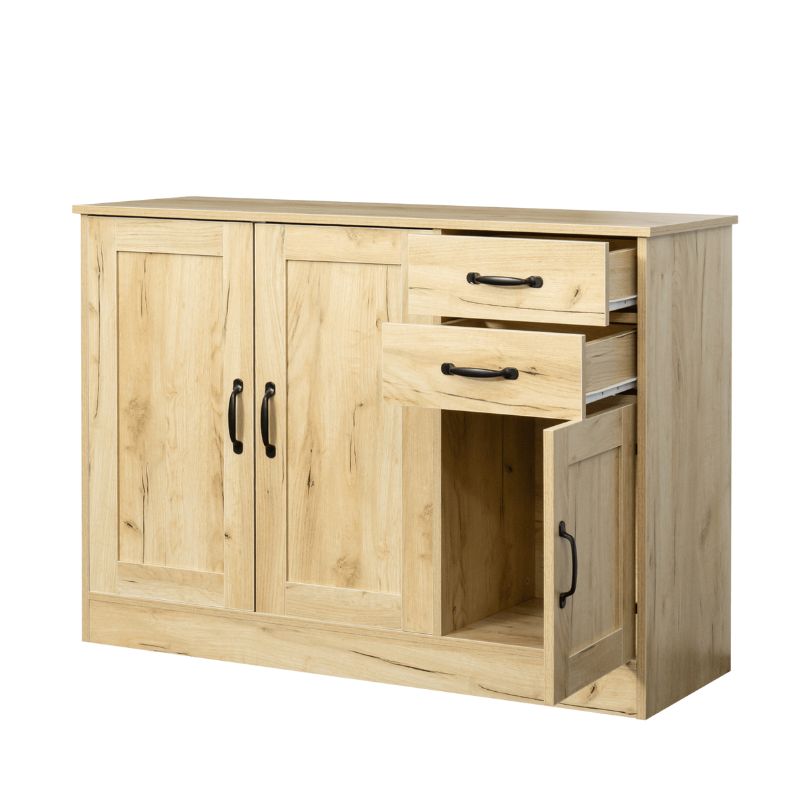 Front view of the Sleek Modern Oak Entryway Buffet highlighting its doors and drawers for easy access and organization.