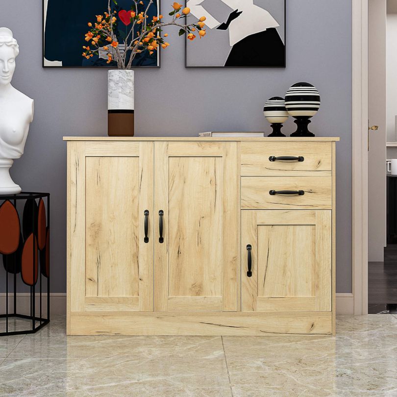 Front view of the Sleek Modern Oak Entryway Buffet highlighting its doors and drawers for easy access and organization.