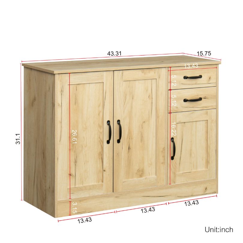 Front view of the Sleek Modern Oak Entryway Buffet highlighting its doors and drawers for easy access and organization.