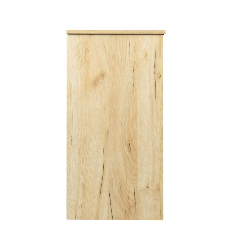Front view of the Sleek Modern Oak Entryway Buffet highlighting its doors and drawers for easy access and organization.