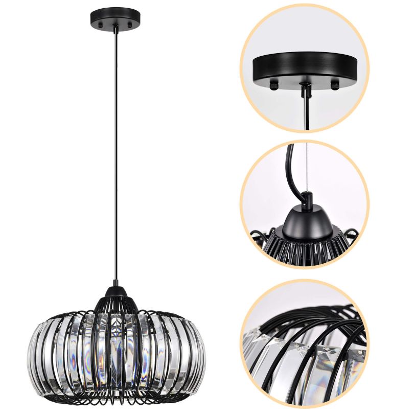 Close-up view of the dimmable LED bulbs of the black crystal chandelier, highlighting its elegant design and quality materials.
