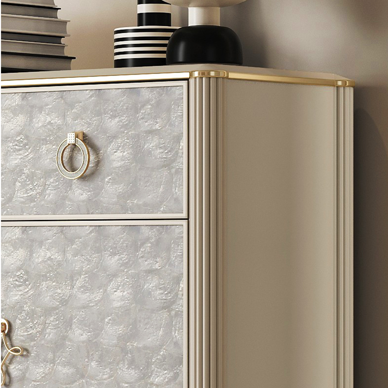 Close-up of the gold metal frame on the modern shoe cabinet, highlighting its elegant design.