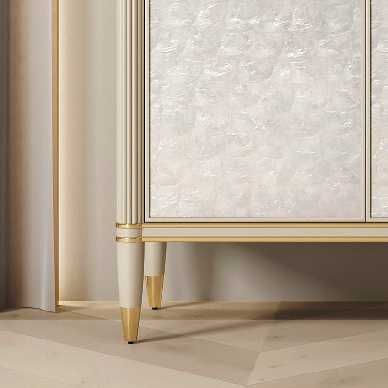 Close-up of the gold metal frame on the modern shoe cabinet, highlighting its elegant design.