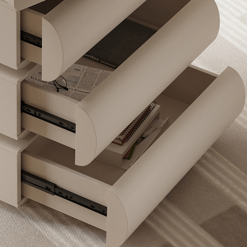 Side angle of the modern office desk highlighting the three drawers and elegant design.