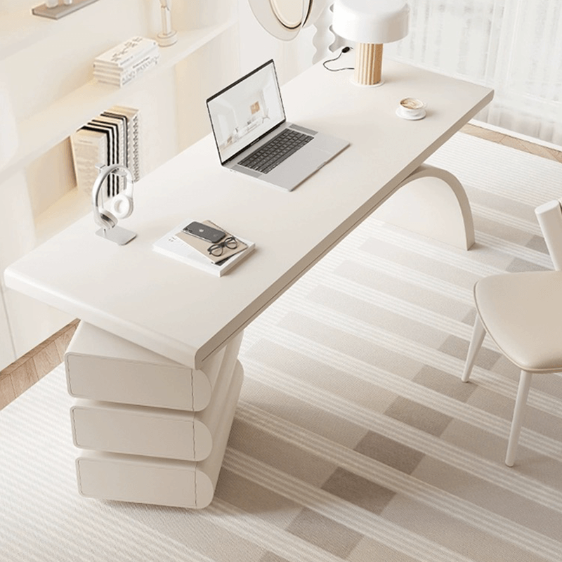 Side angle of the modern office desk highlighting the three drawers and elegant design.