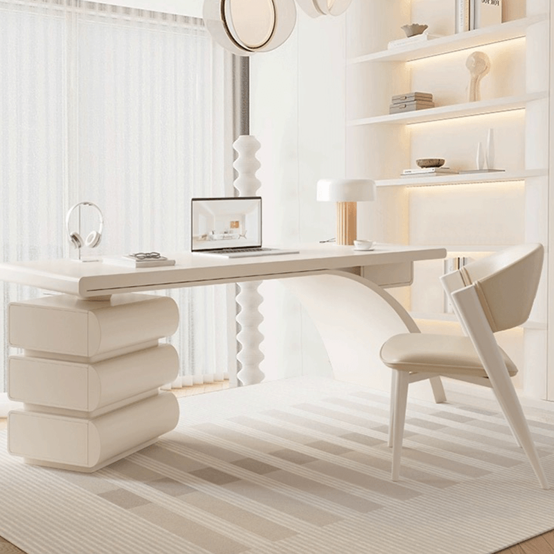 Front view of the sleek arc base executive desk showing its spacious surface and cream finish.