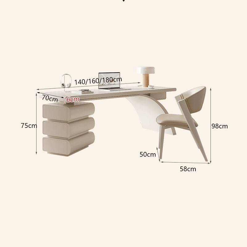 Front view of the sleek arc base executive desk showing its spacious surface and cream finish.