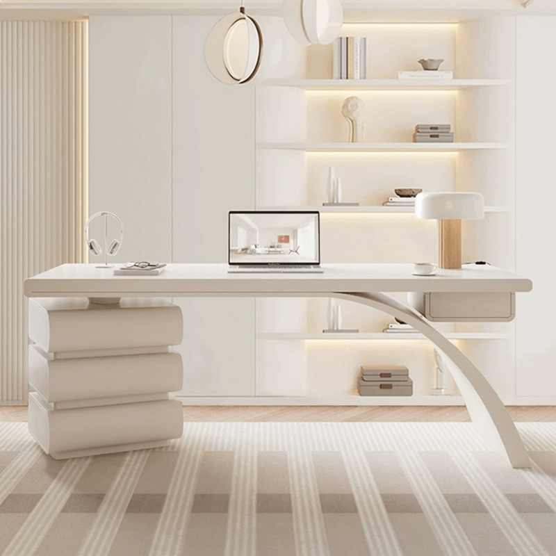 Close-up of the arc base support of the executive desk, showcasing its stylish construction.