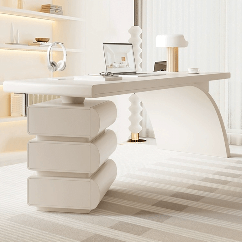 Side angle of the modern office desk highlighting the three drawers and elegant design.