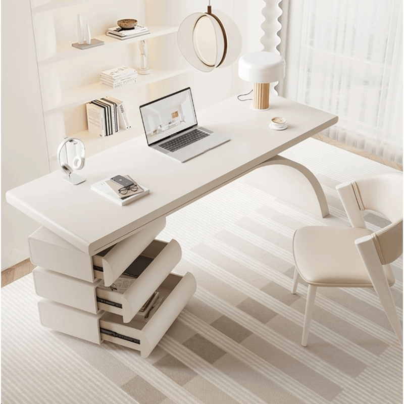 Front view of the sleek arc base executive desk showing its spacious surface and cream finish.