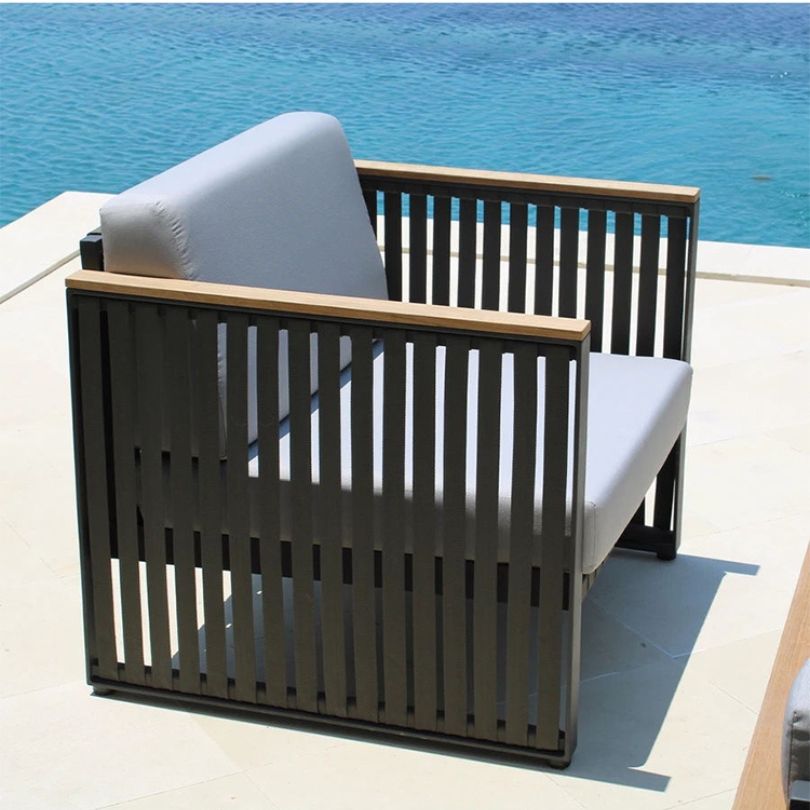 Full outdoor furniture set featuring modern design, metal frame, and plush cushions for patio use
