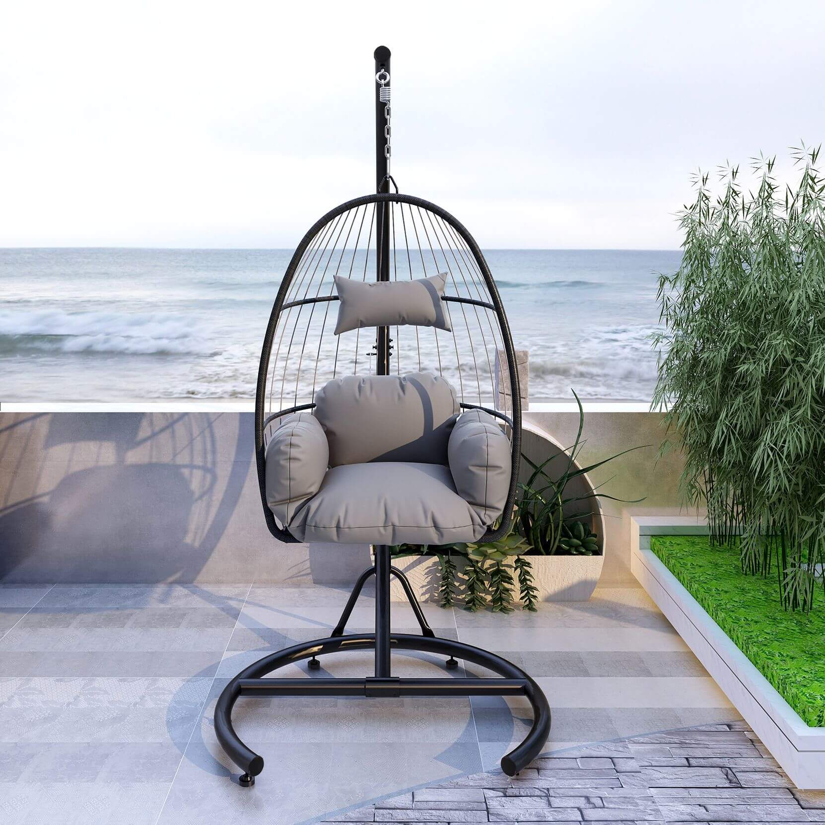 Image of the stylish hammock chair showing its elegant woven design against a garden backdrop.