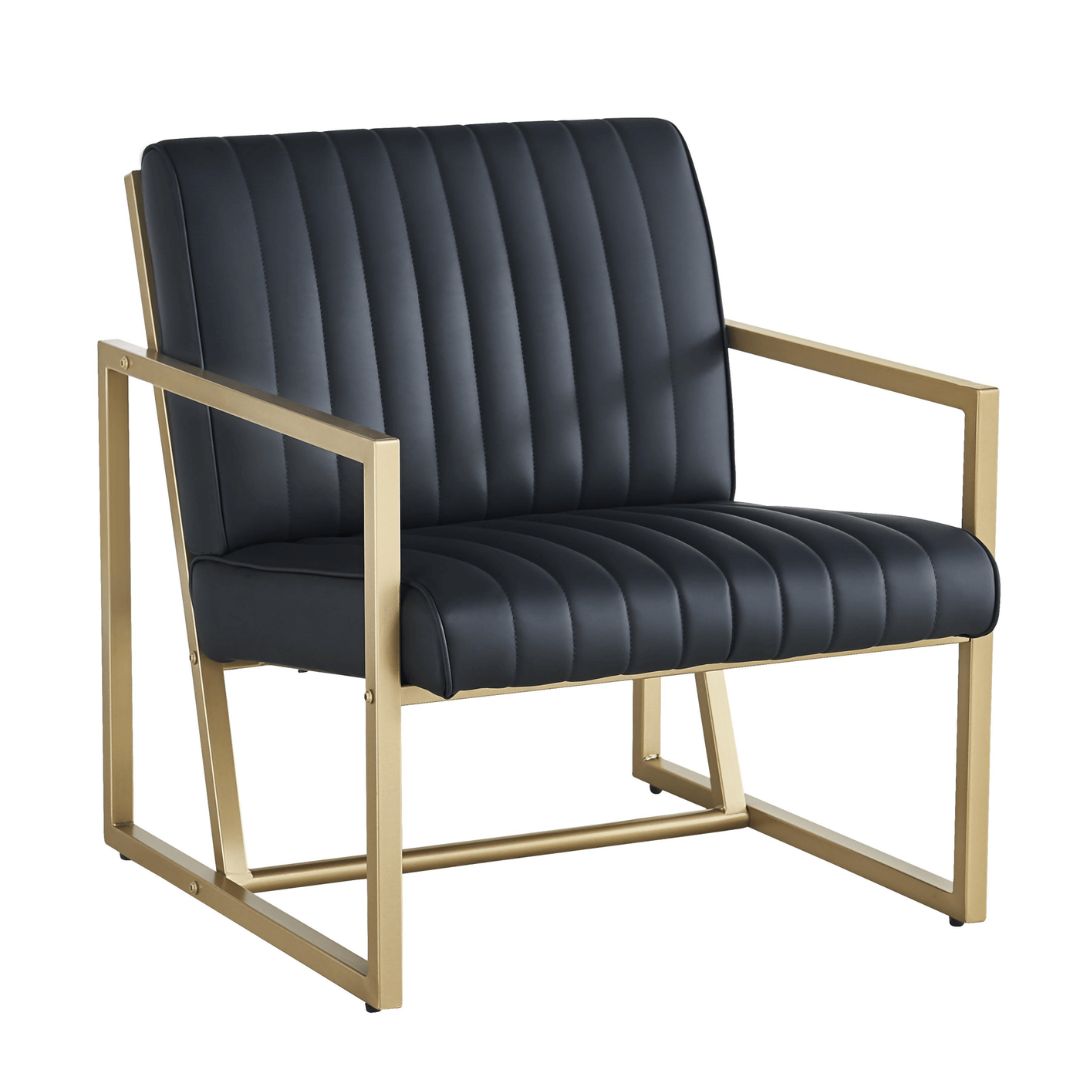 Luxe gold steel frame armchair with black leather upholstery, side view