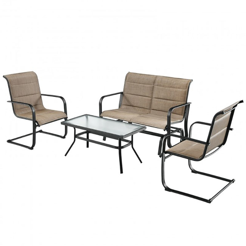 Outdoor loveseat with comfortable seating, surrounded by a beautiful garden view.