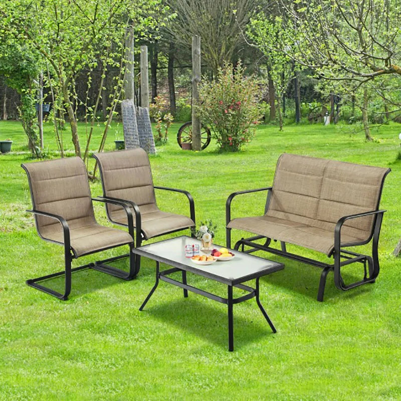 Modern patio conversation set showcasing plush cushions and a stylish coffee table.