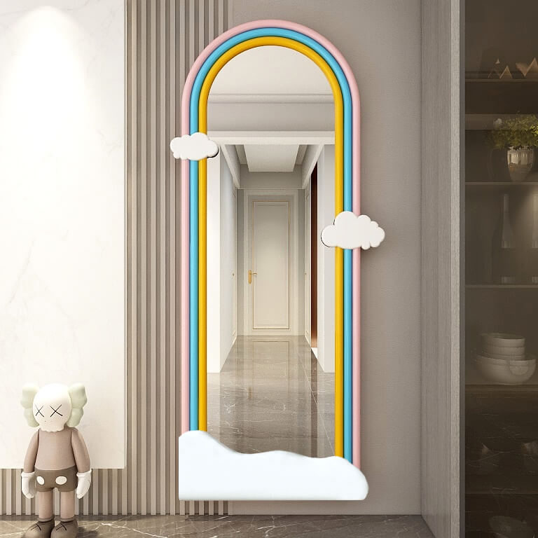 Front view of full length rainbow wall mirror in a modern bedroom setting