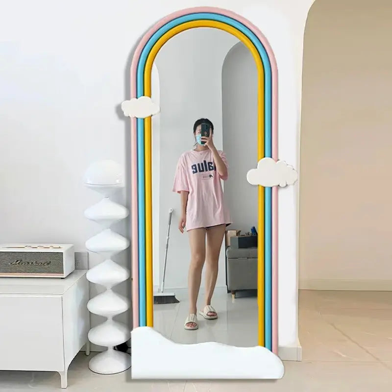 Side angle of rainbow art mirror showing vibrant color details and sleek frame