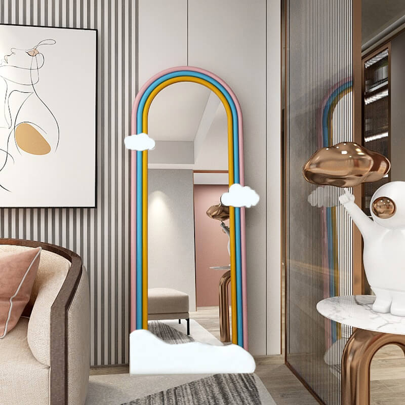 Side angle of rainbow art mirror showing vibrant color details and sleek frame