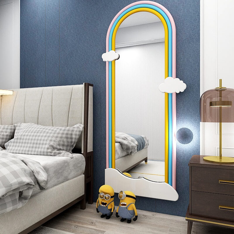 Front view of full length rainbow wall mirror in a modern bedroom setting