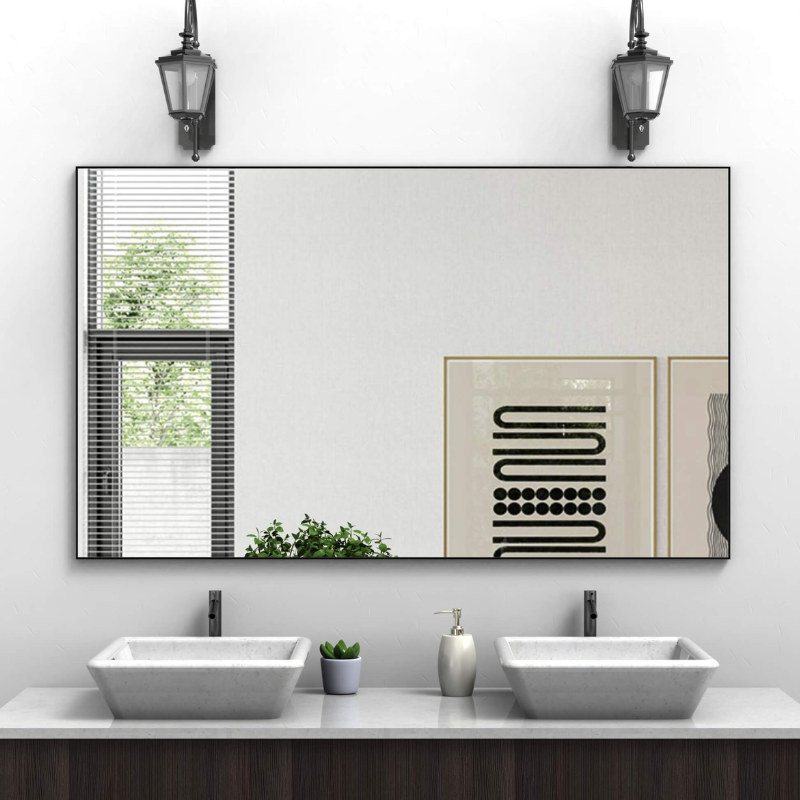 Front view of the sleek black frame LED bathroom mirror, showcasing its modern design and touch control feature.