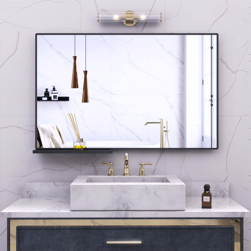 Sleek modern black bathroom mirror with shelf attached, showcasing its elegant design.