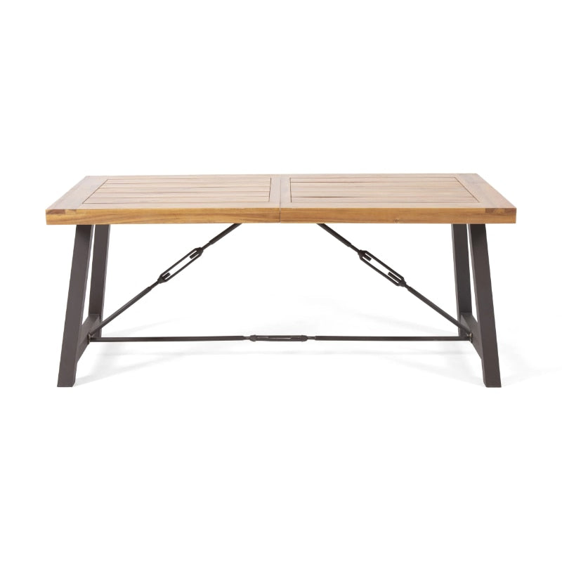 Close-up angle of the Rustic Charm Industrial Outdoor Dining Table featuring solid acacia wood and aluminum materials.