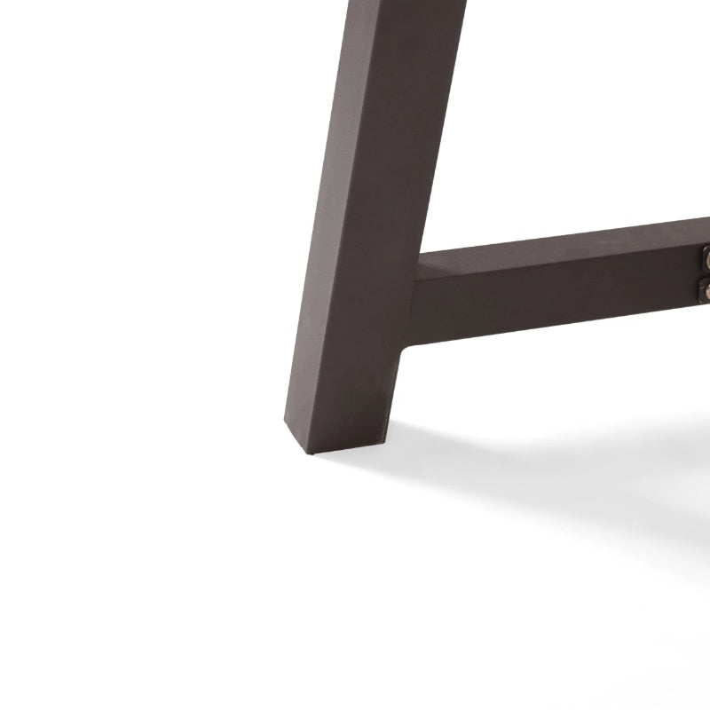 Close-up angle of the Rustic Charm Industrial Outdoor Dining Table featuring solid acacia wood and aluminum materials.