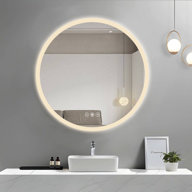 Stylish round acrylic LED wall mirror showcasing adjustable lighting features from a side angle.