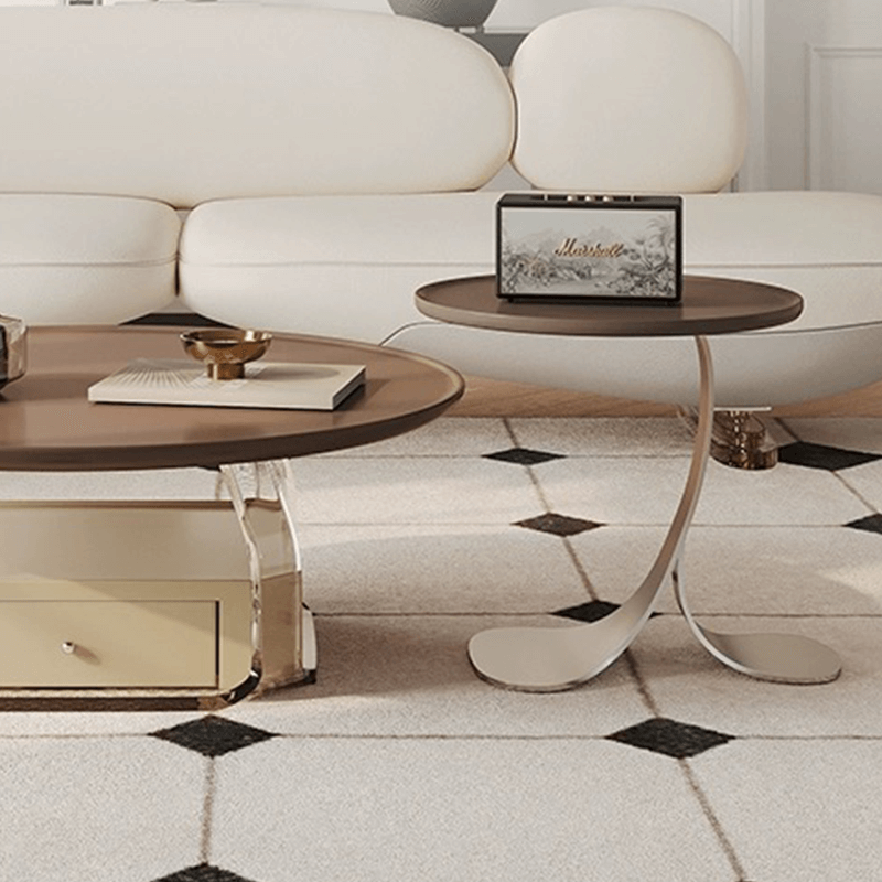 Close-up of metal legs with solid wood tabletop—highlighting quality noted in round coffee table with metal legs reviews