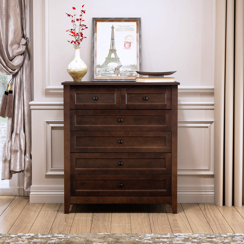 Front view of the Auburn 6-Drawer Solid Wood Storage Cabinet highlighting its antique finish and spacious drawers.