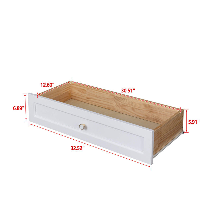 Close-up view of the elegant round handles on the antique white 6-drawer chest, highlighting its farmhouse style.