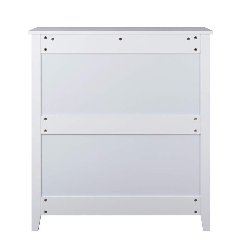 Close-up view of the elegant round handles on the antique white 6-drawer chest, highlighting its farmhouse style.