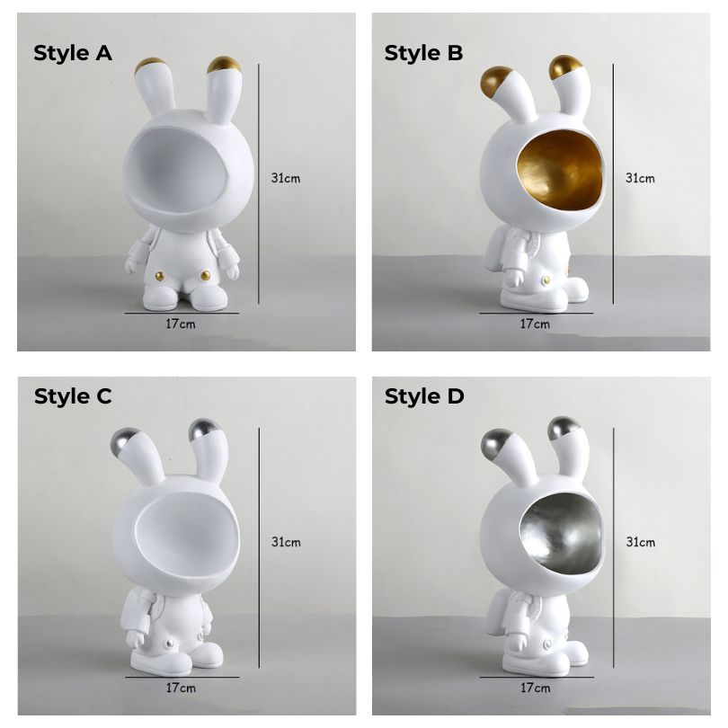 Space Bunny Storage Sculpture in white, showcasing its playful design and spacious mouth for storage.