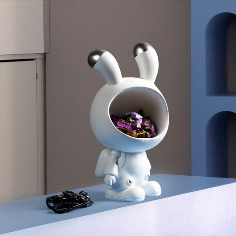 Space Bunny Storage Sculpture in white, showcasing its playful design and spacious mouth for storage.
