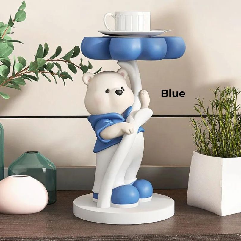 Eye-catching modern bear sculpture in a cozy bedroom, highlighting its vibrant colors.