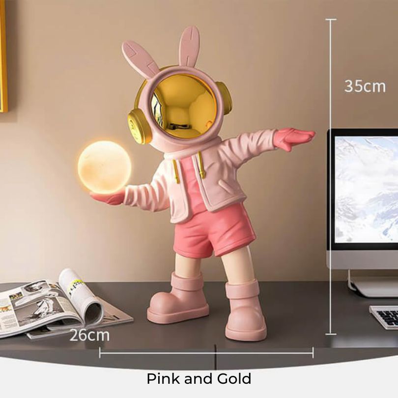 Illuminated astronaut statue in a cozy childrens room, glowing softly.