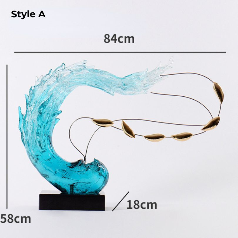 Close-up of the Serene Blue Wave Resin Sculpture, showcasing the intricate details and luxurious gold accents.