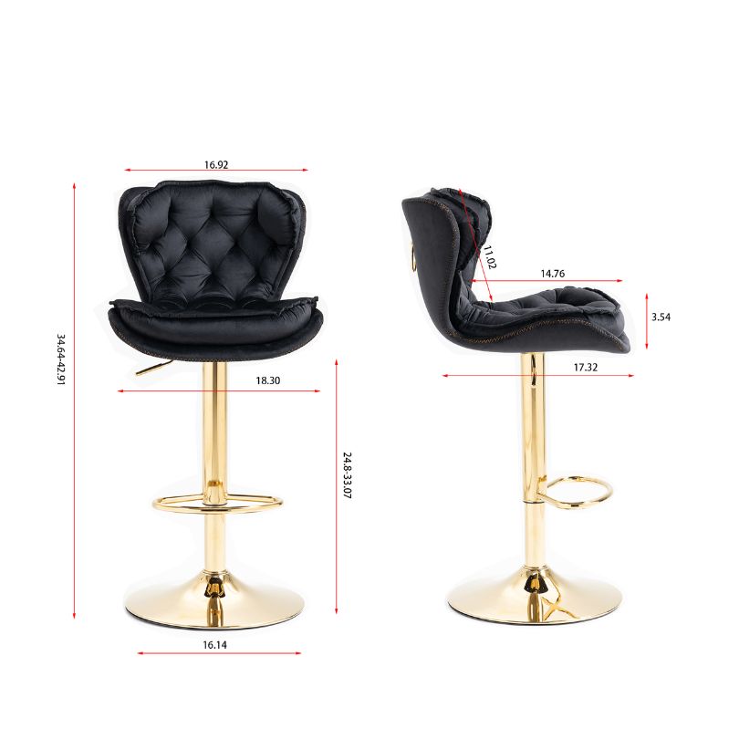 Close-up view of luxury bar stools with velvet upholstery showcasing tufted design.
