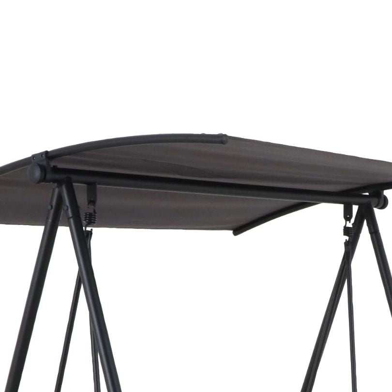 Side view of contemporary canopy swing chair for two in patio setting.