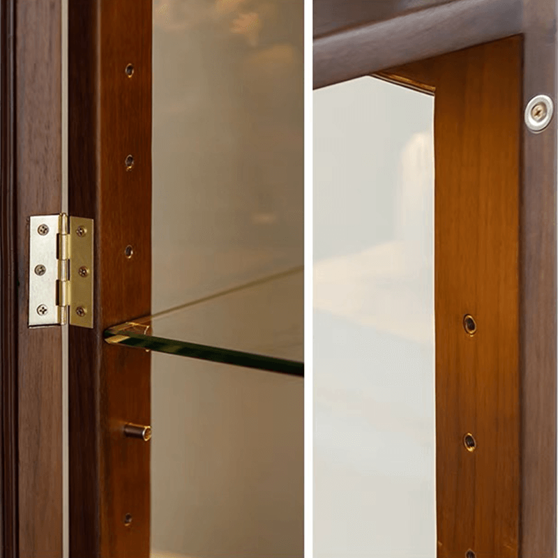 Side angle of display cabinet showing slim walnut frame and clear glass door